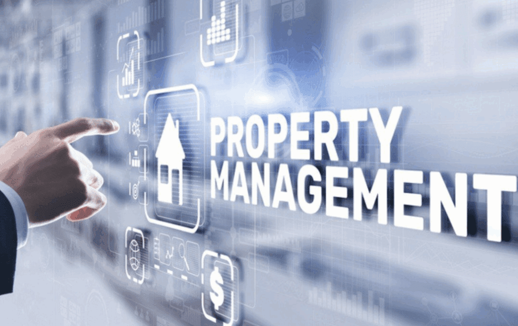 Digital property management technology concept with business interface.